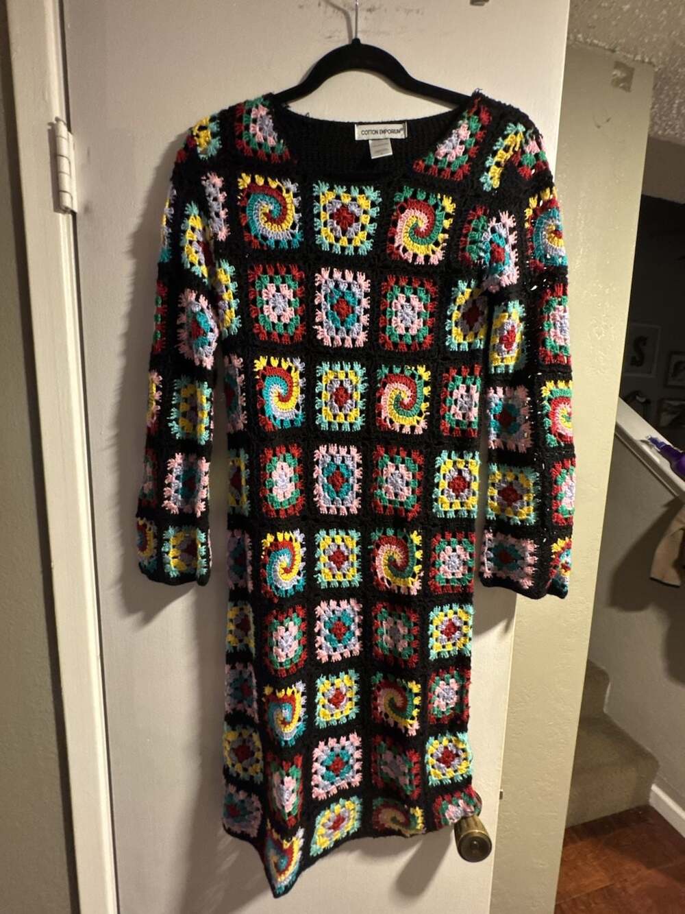 Cotton Emporium Multi-Color Granny Square Crochet Long Sleeve Dress